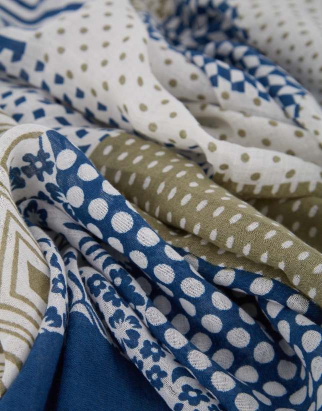 Fular lino/algodón patchwork blanco/azul/caqui