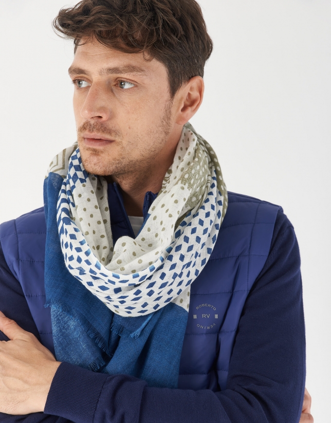 Cotton and linen scarf with white, blue and khaki patchwork design
