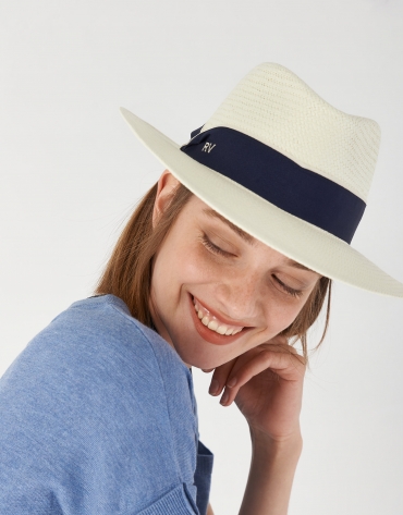 Cream natural fiber hat with blue ribbon