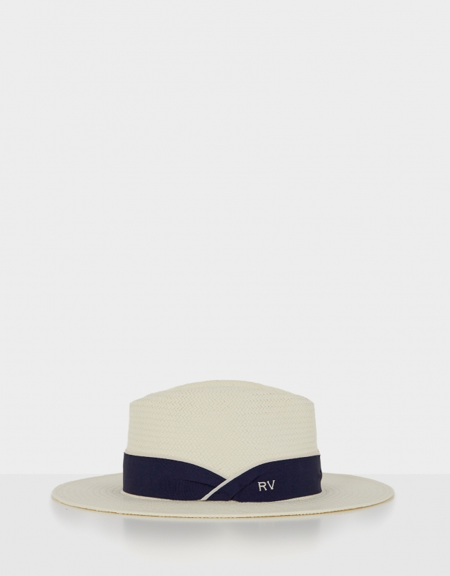 Cream natural fiber hat with blue ribbon