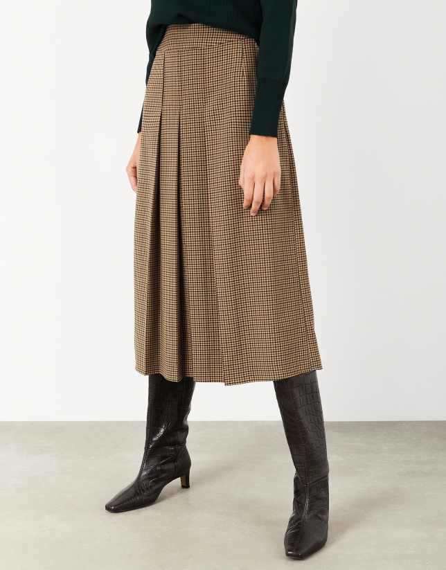 Green and brown checked pleated midi skirt