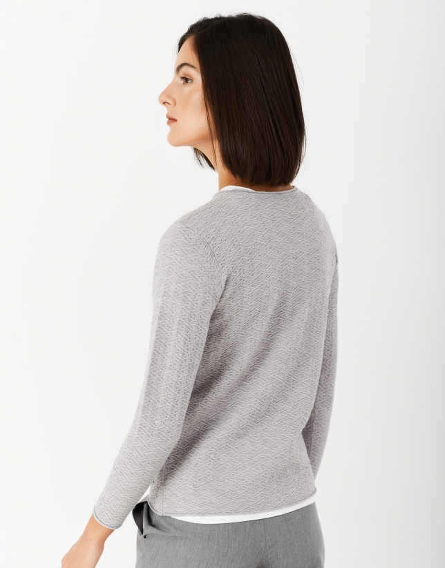 Gray textured knit top with long sleeves
