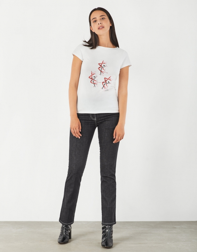 White top with three red embroidered flowers