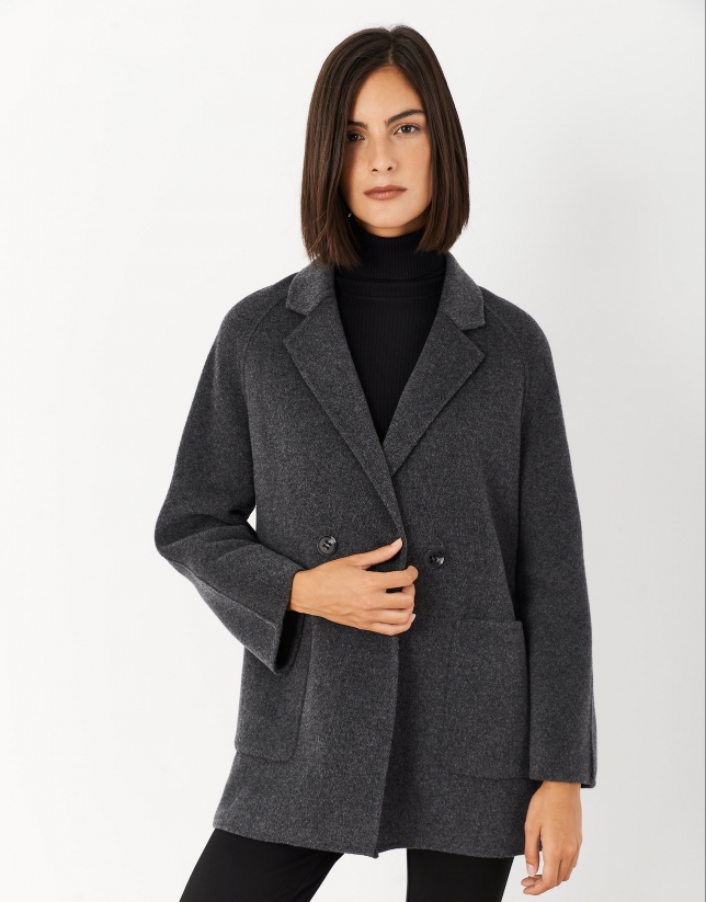 Short gray coat with double row of buttons 