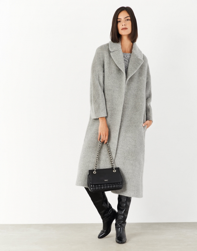 Long gray wool and alpaca coat with belt