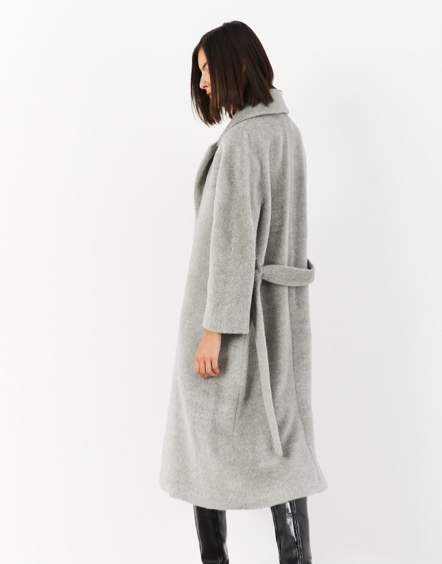 Long gray wool and alpaca coat with belt