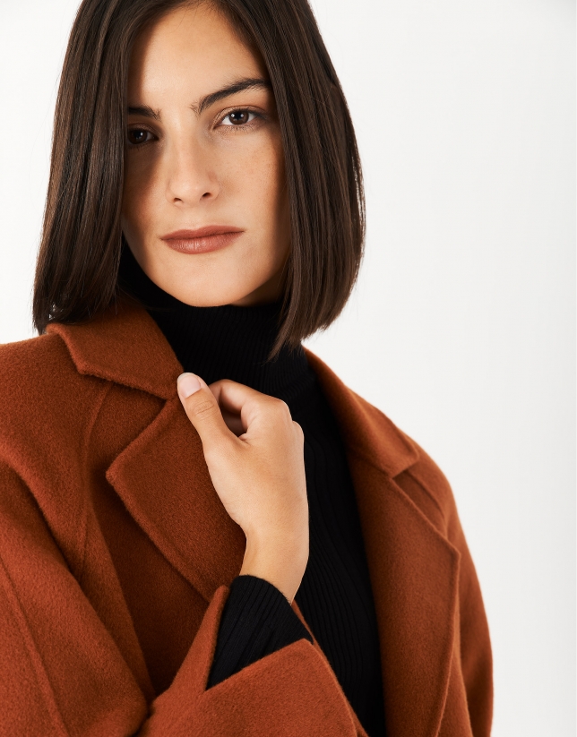 Tile colored wool coat with slits