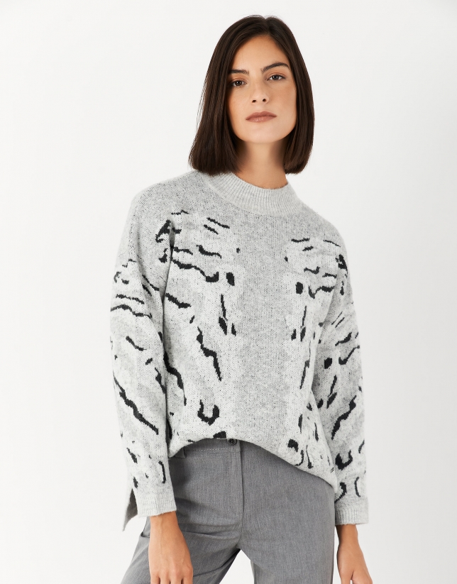 Gray sweater with animal print and side slits
