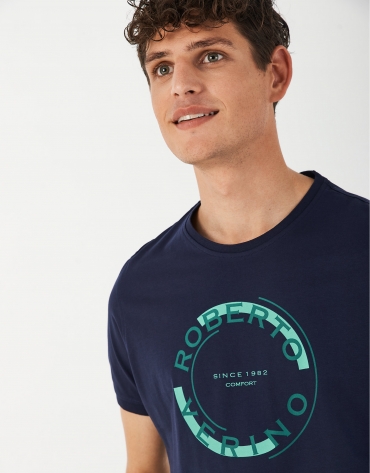 Blue cotton top with rounded green logo
