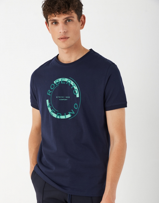 Blue cotton top with rounded green logo