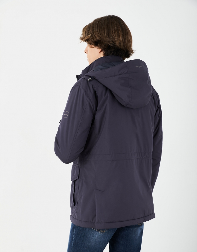 Navy blue parka with four pockets