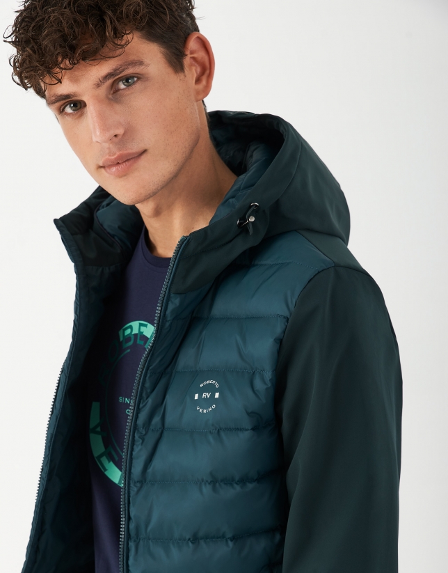 Green tech quilted windbreaker with hood