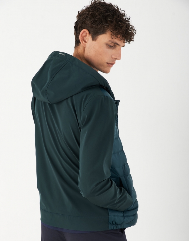 Green tech quilted windbreaker with hood