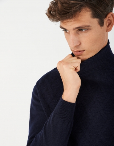 Navy blue melange wool and cashmere turtle neck sweater