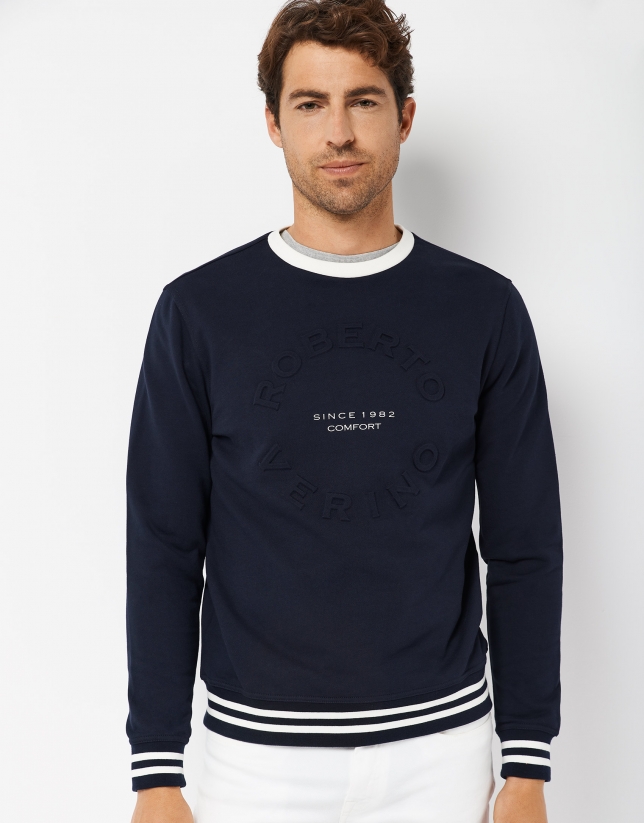 Navy blue sweatshirt with embossed logo