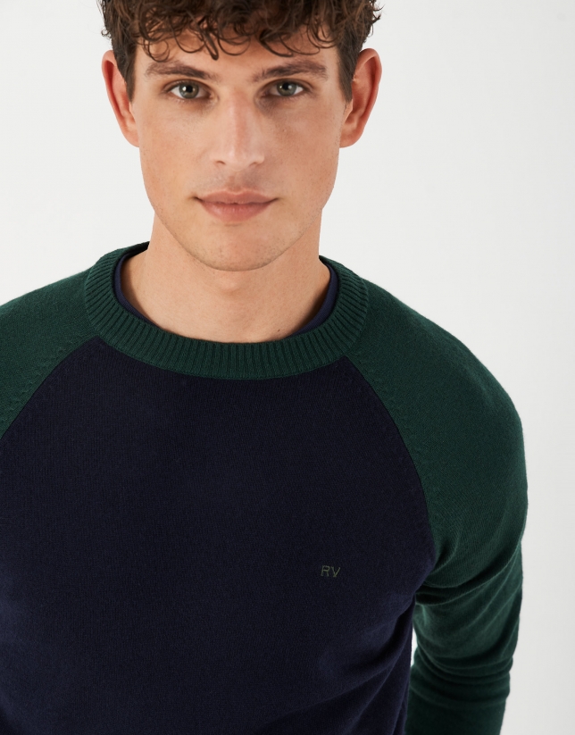 Navy blue and green two-color sweater