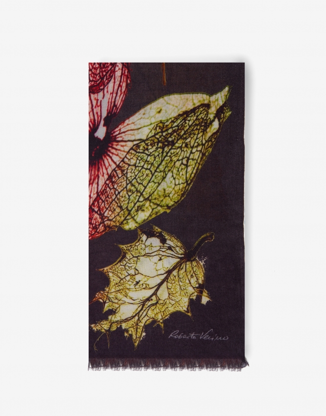 Magenta and green print on a gray foulard