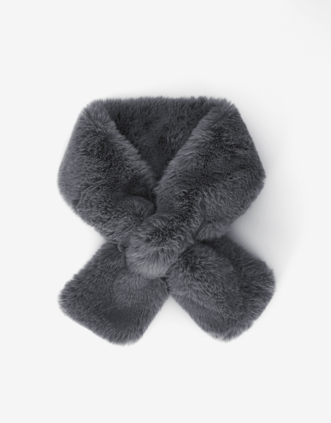 Dark gray fabric crossover collar with fur effect