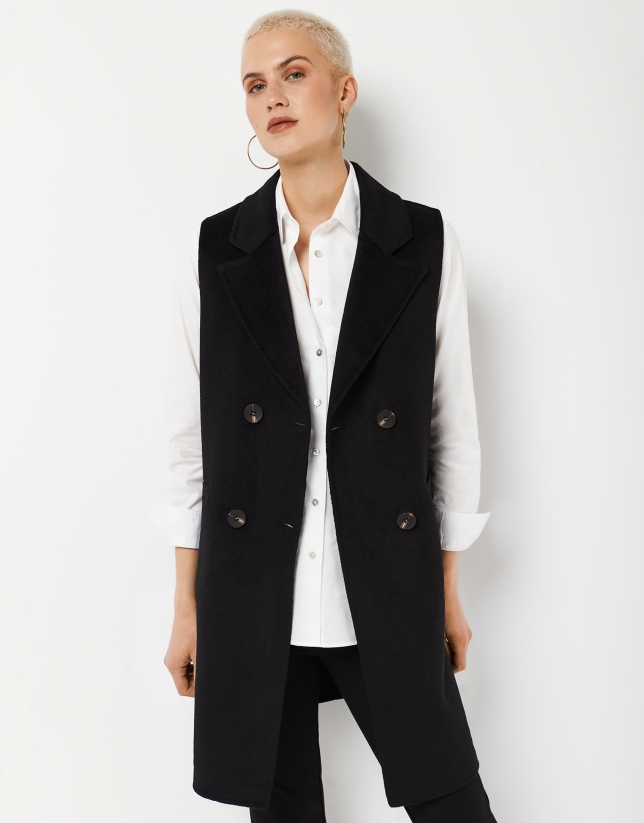 Long double-breasted black wool vest