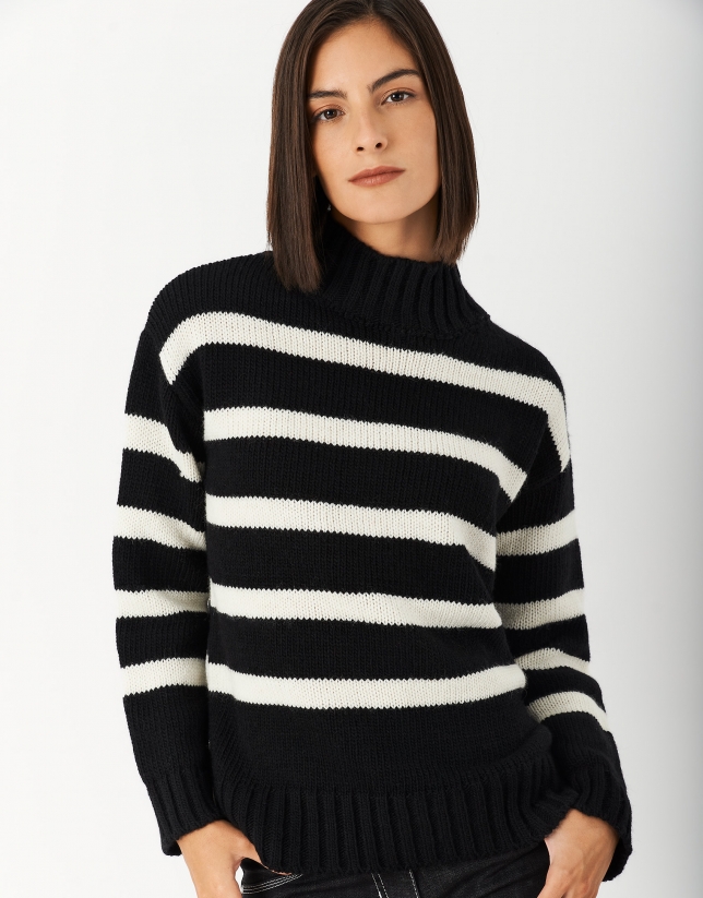 Black and white striped sweater with Perkins collar