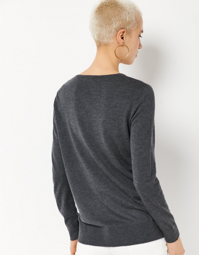 Gray thin knit sweater with V-neck