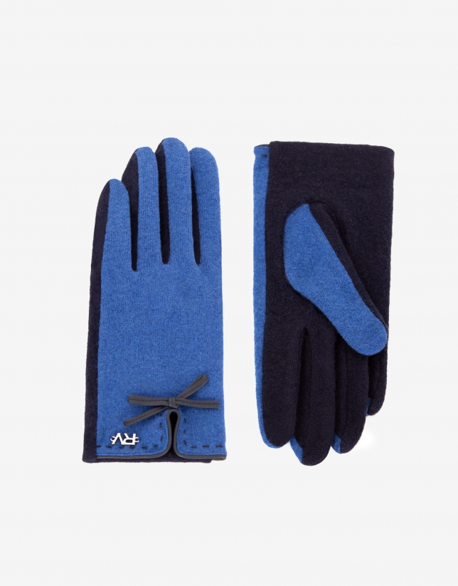 Blue knitted with leather bow glove