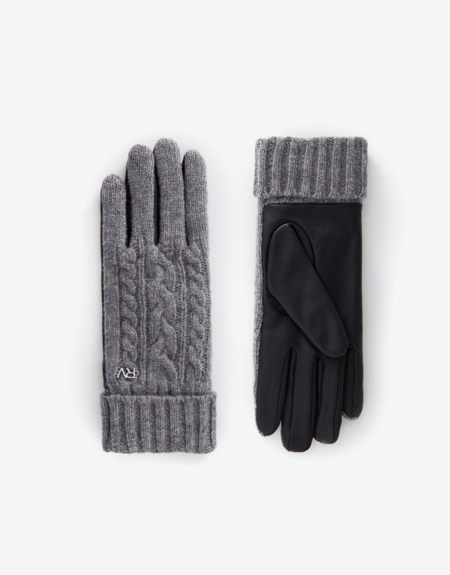 Gray leather and braided knit glove