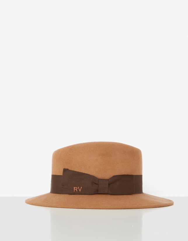 Camel felt fedora hat with brown ribbon