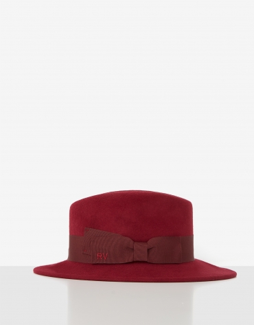 Red felt fedora hat with maroon ribbon