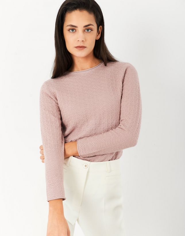 Pink textured knit top with long sleeves