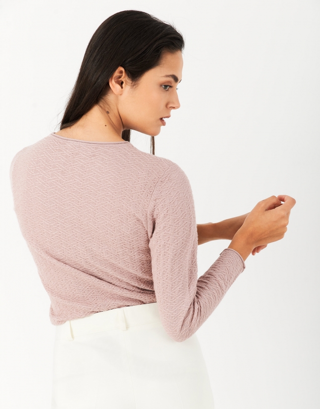 Pink textured knit top with long sleeves