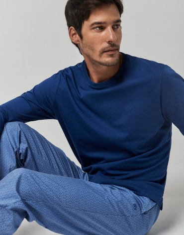 Blue jacquard cotton long sleeve pajamas