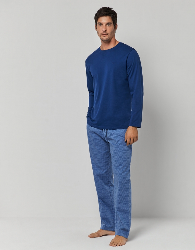 Pijama manga larga algodón jacquard azul