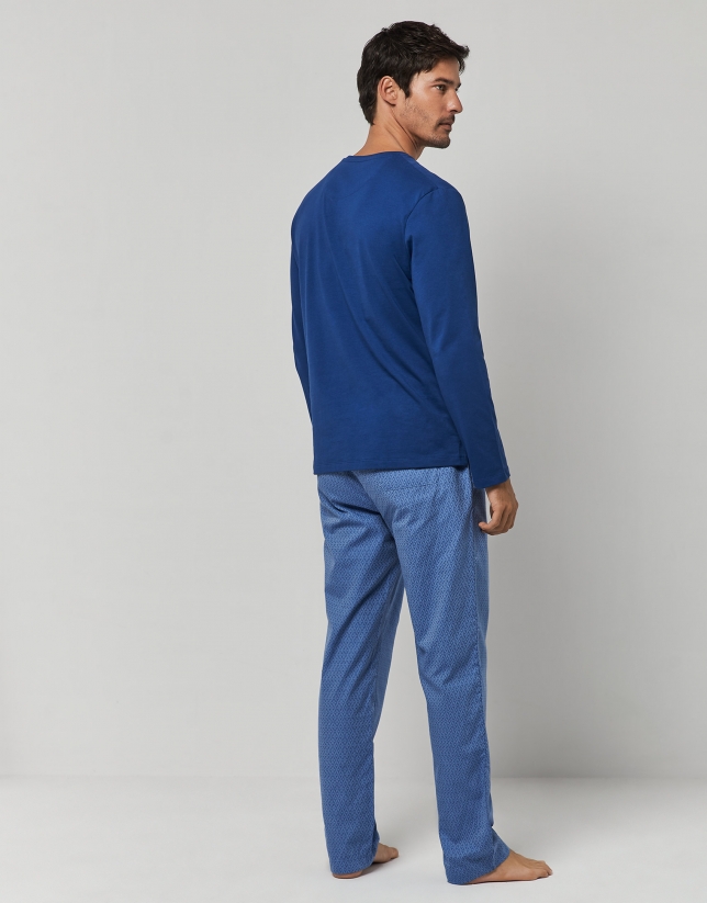 Blue jacquard cotton long sleeve pajamas