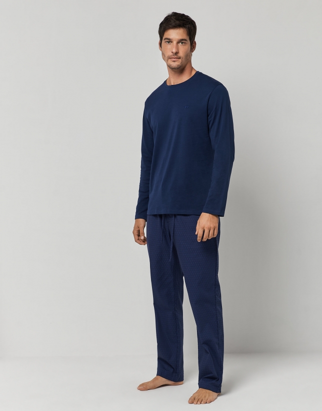 Navy blue jacquard cotton long sleeve pajamas