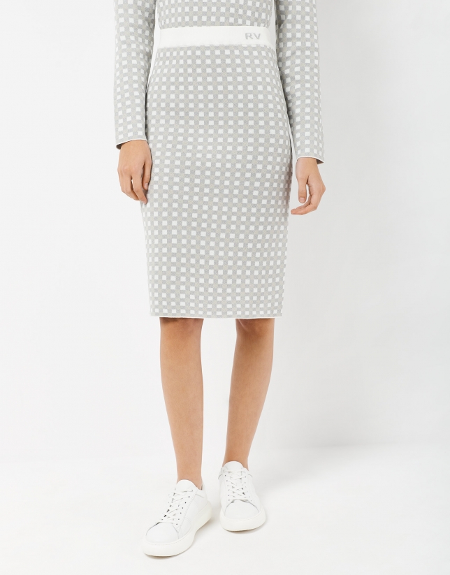 Midi beige and gray checked jacquard skirt