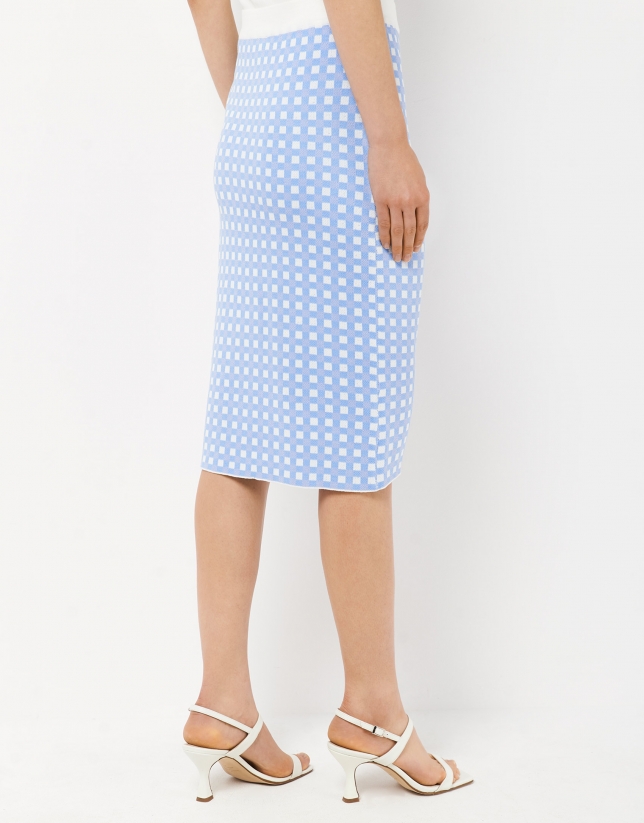 Midi white and blue checked jacquard skirt