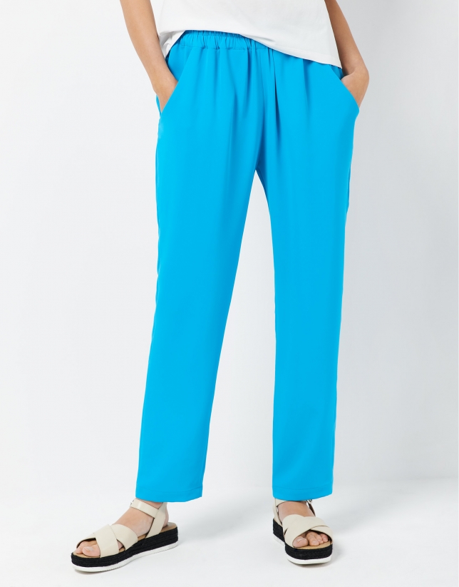 Turquoise blue trousers with gathered waist
