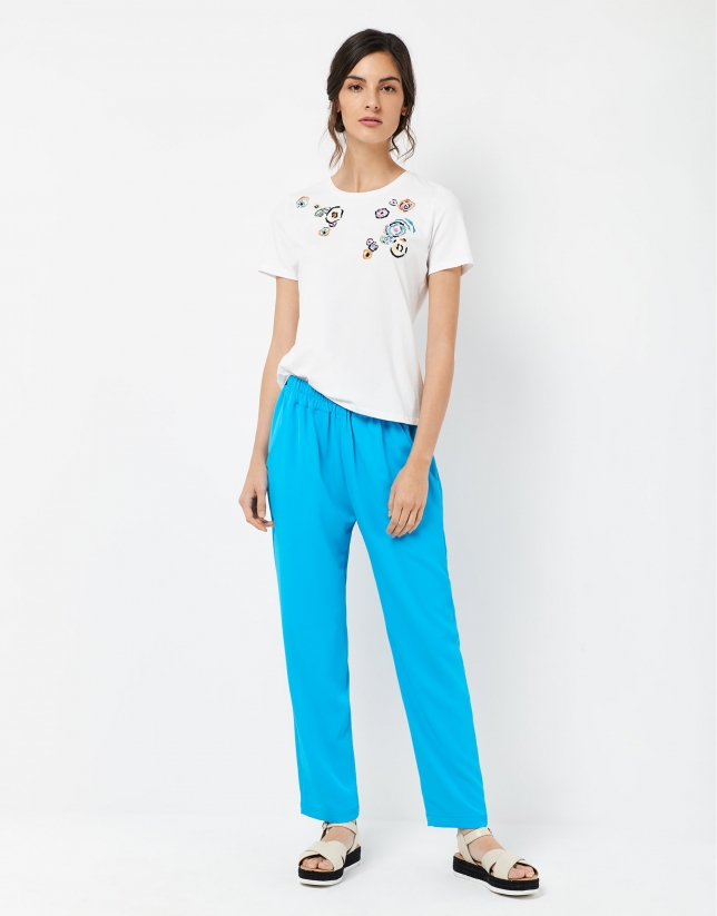 Turquoise blue trousers with gathered waist