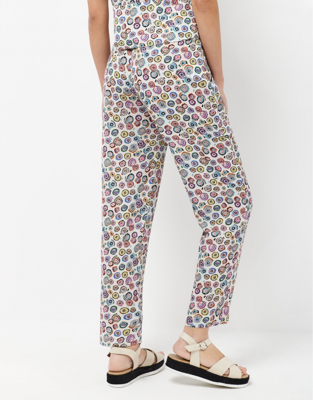 Multicolored circles printed trousers with gathered waist