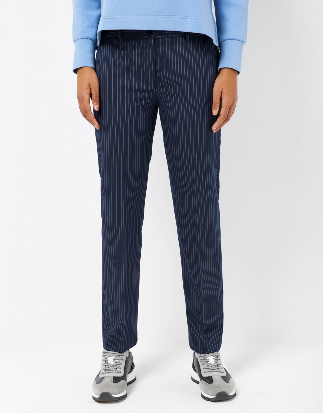 Blue straight pants with light blue stripes