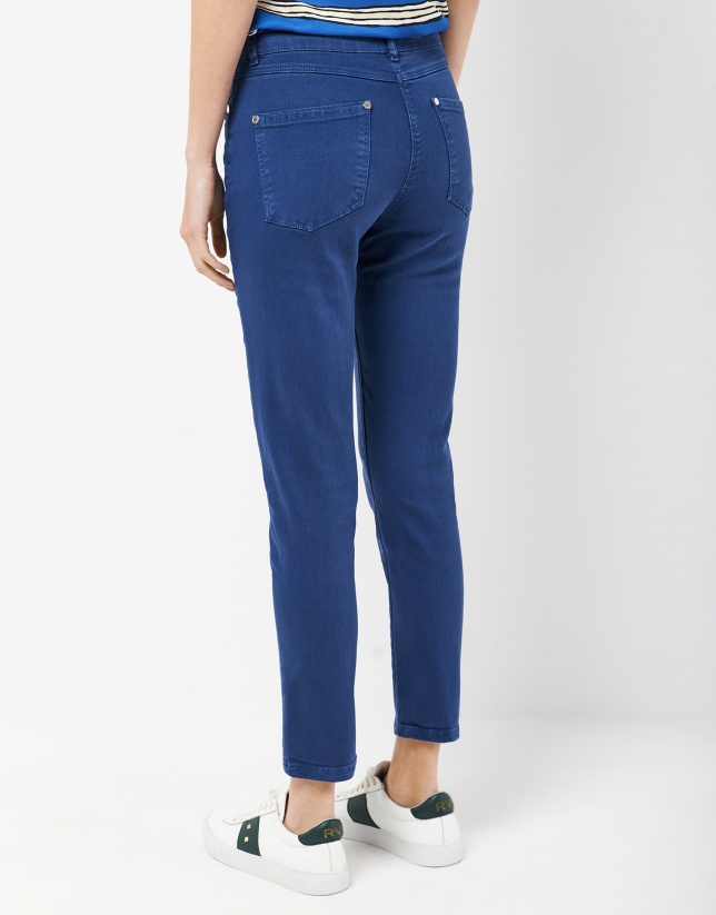 Ink blue jean stovepipe pants with yoke in back