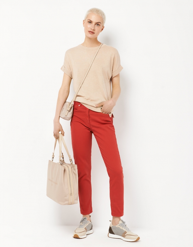 Red jean stovepipe pants with yoke in back