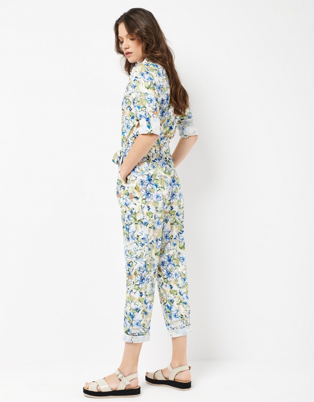 Long blue and yellow floral print jumpsuit