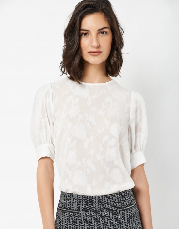 White blouse with leaf jacquard print and French sleeves