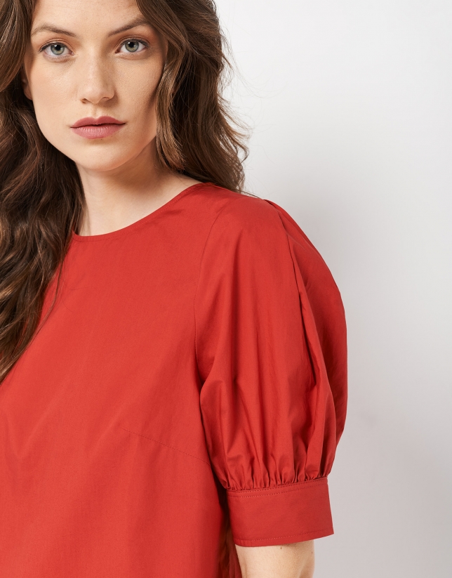 Red cotton blouse with French sleeves