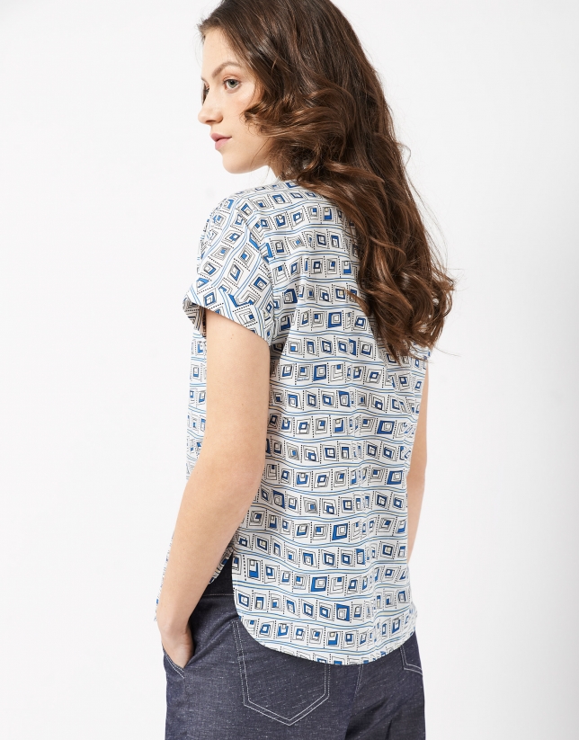 Blue geometric print shirt with dropped sleeves