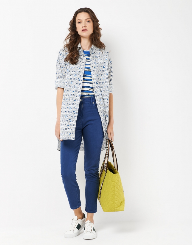 Loose asymmetric blouse with blue geometric print