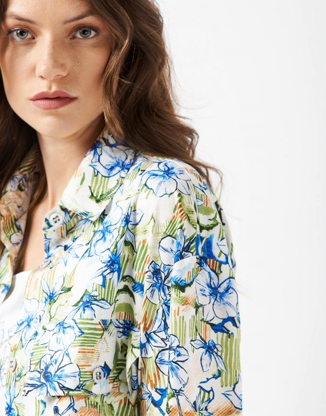 Loose blouse with blue and yellow floral print
