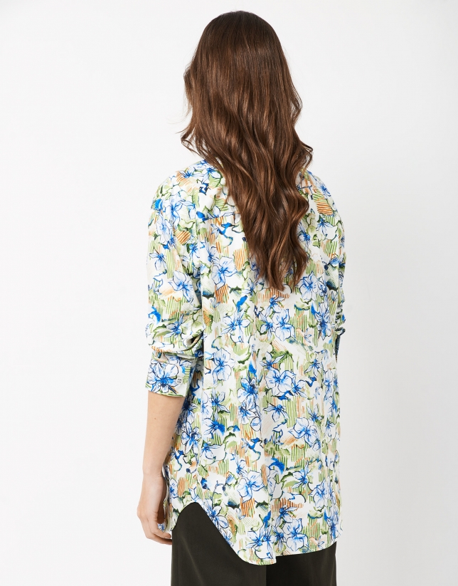 Loose blouse with blue and yellow floral print